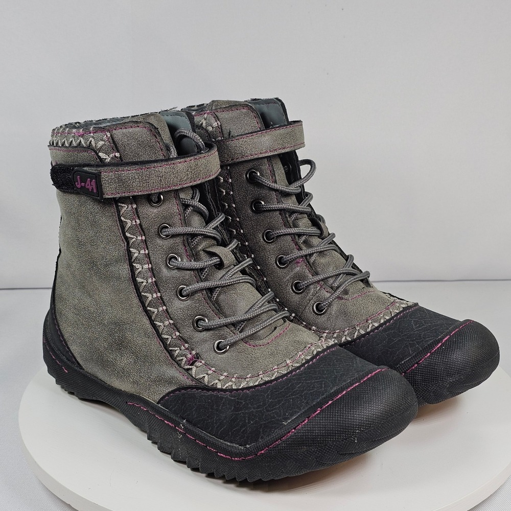 J-41 Women's Gray Faux Leather Lace Up‎ Ankle Boots Size 7M Casual Winter